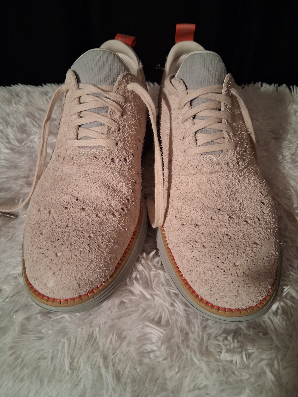 Cole Haan Beige Suede Boat Shoes with Orange Pull Tab